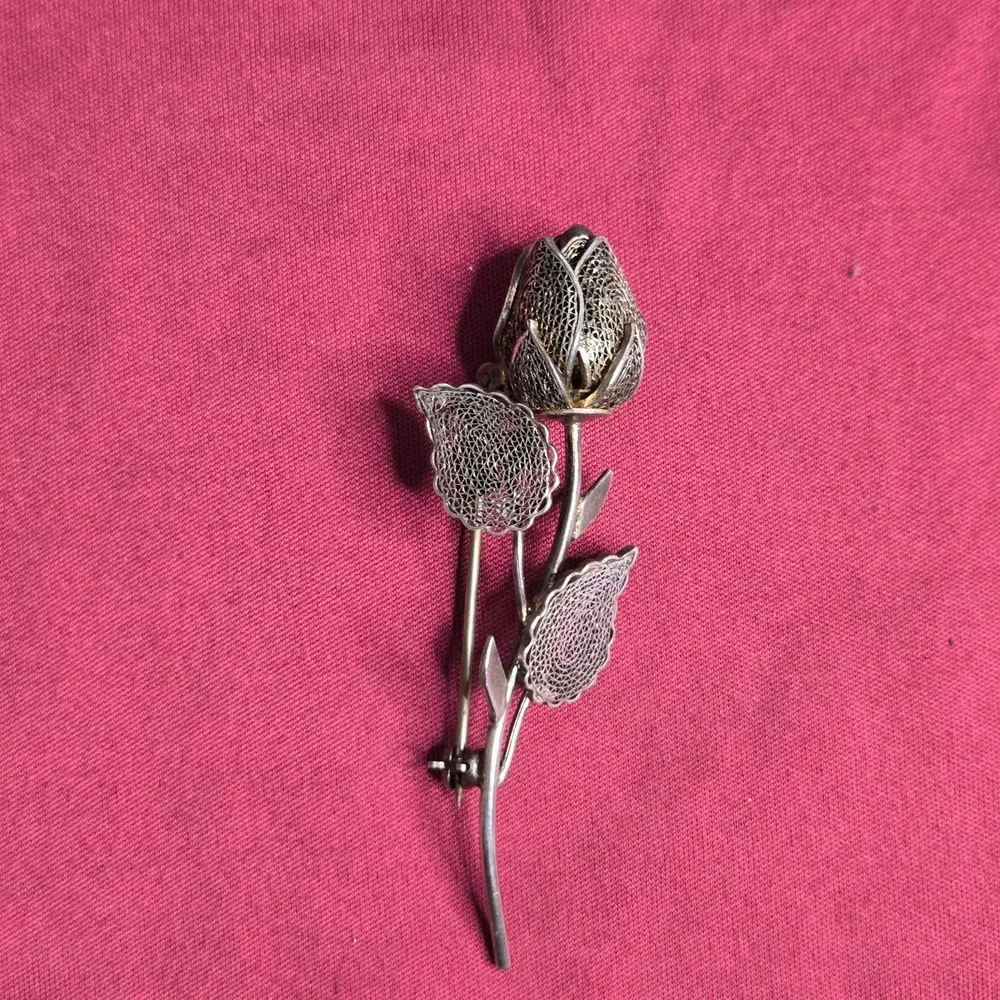 Vintage FAS 925 Sterling Silver Filigree Rose Brooch Pin 2.5